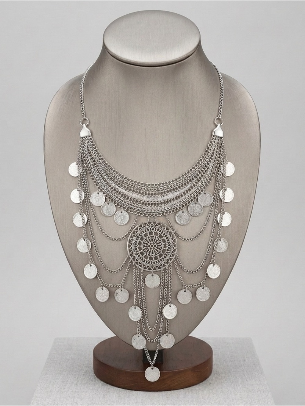 Bohemian Silver Tone Multi-Layer Coin Fringe Necklace